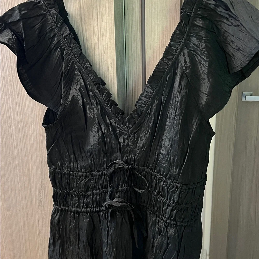 J. Crew Black Crinkled Midi Dress with Shoulder Ruffle and Side Slit NWT
